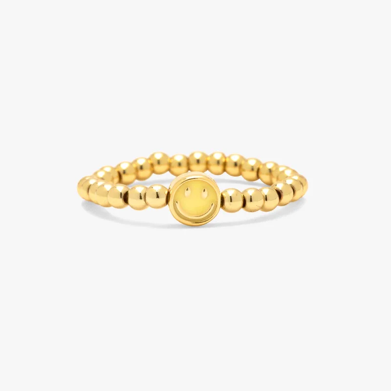 Chic Women's Rings for Fashion-Forward Looks-Happy Face Gold Bead Stretch Ring