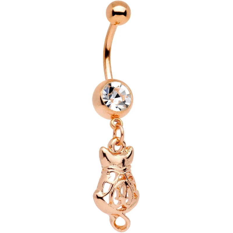 Designer Belly Rings for Personalized Style -Clear Gem Rose Gold Tone Anodized Fashion Cat Dangle Belly Ring Designer Belly Rings for Personalized Style -Clear Gem Rose Gold Tone Anodized Fashion Cat Dangle Belly Ring