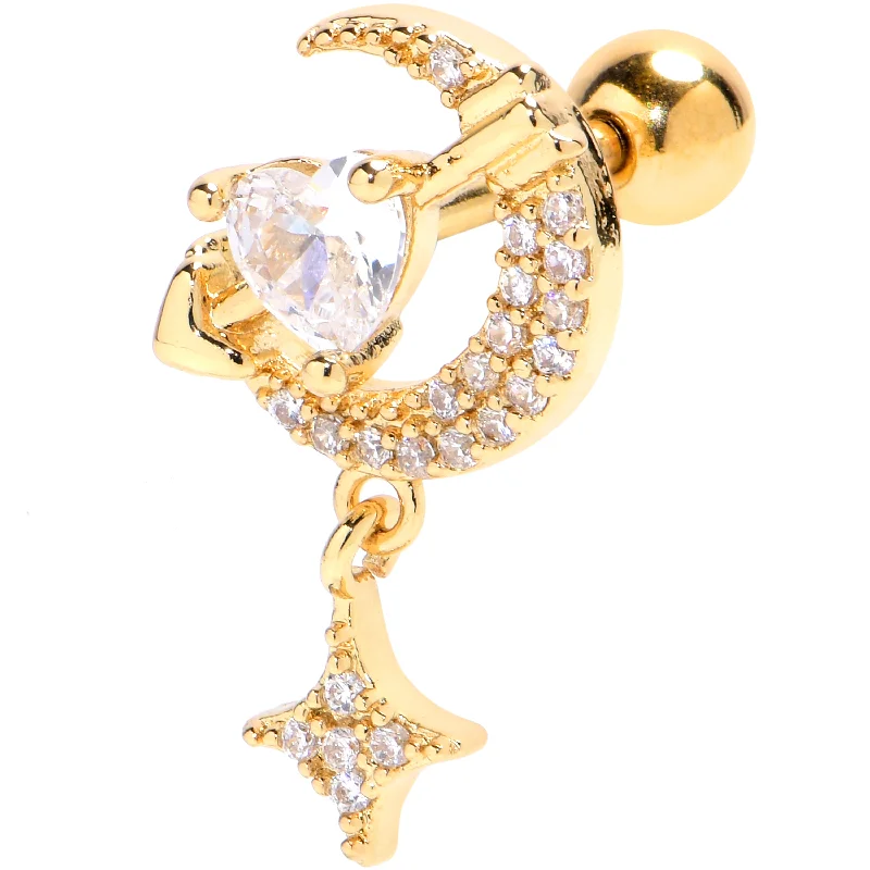 Women's Earrings – Elegant Designs for Every Personality--16 Gauge 1/4 Clear CZ Gem Gold Tone Moon Lover Cartilage Tragus Earring