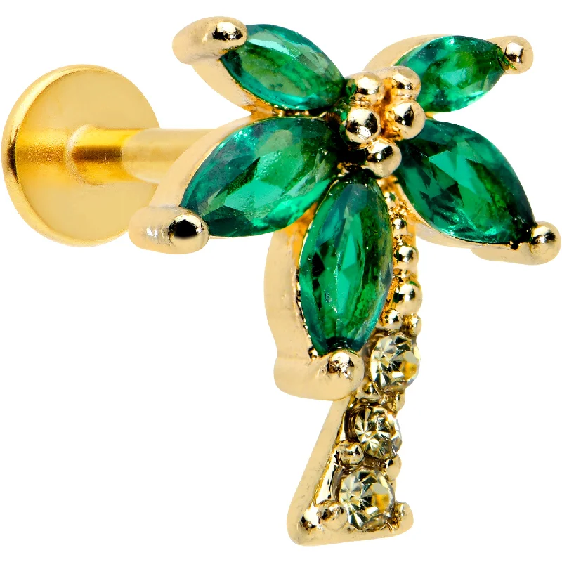Trendy Lip Rings for Stylish Piercings16 Gauge 5/16 Clear Green Gem Gold Tone Palm Tree Labret Monroe Tragus