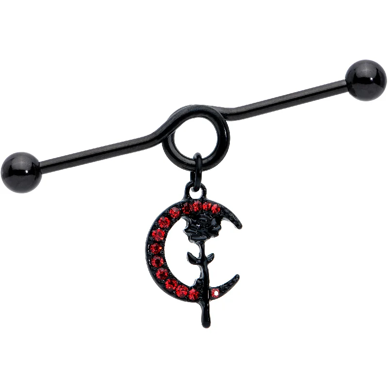 Women's Earrings – Elegant Designs for Every Personality--14 Gauge Red CZ Gem Black Moon Rose Flower Dangle Project Bar 38mm