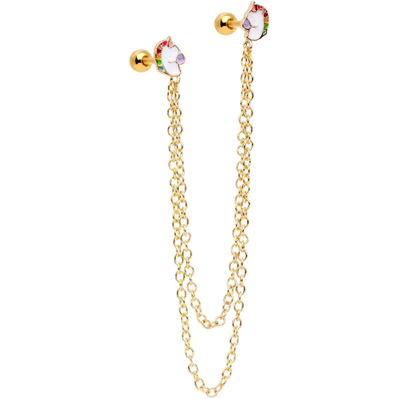 Women's Earrings – Elegant Designs for Every Personality--16 Gauge 1/4 Gold Tone Pretty Unicorns Cartilage Chain Earring