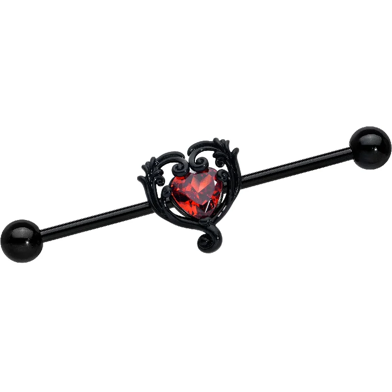 Women's Earrings – Elegant Designs for Every Personality--14 Gauge Red CZ Gem Black Passion Heart Industrial Barbell 38mm