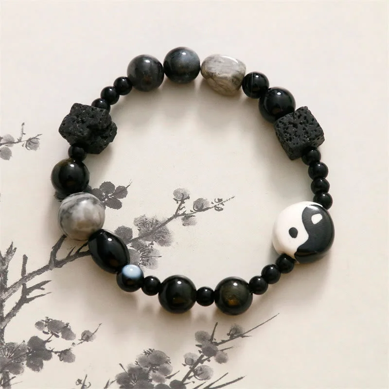 Adjustable Bracelets for Men-Buddha Stones Black Onyx Picasso Jasper Bead Yin Yang Fortune Protection Bracelet Adjustable Bracelets for Men-Buddha Stones Black Onyx Picasso Jasper Bead Yin Yang Fortune Protection Bracelet