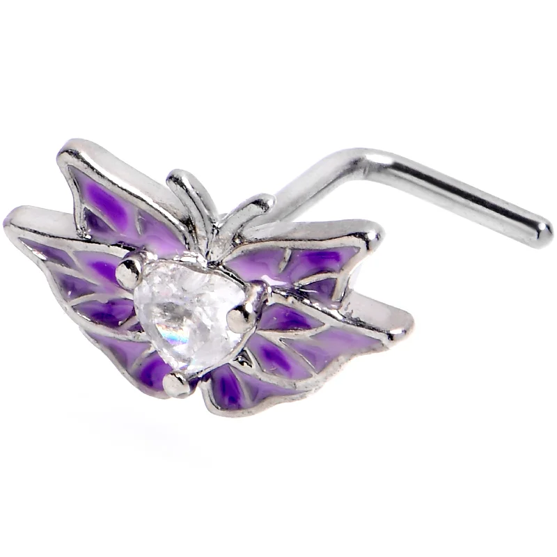 Nose Rings with Simple Finish -20 Gauge 7mm Clear CZ Gem Heart Butterfly Purple L Shape Nose Ring Nose Rings with Simple Finish -20 Gauge 7mm Clear CZ Gem Heart Butterfly Purple L Shape Nose Ring