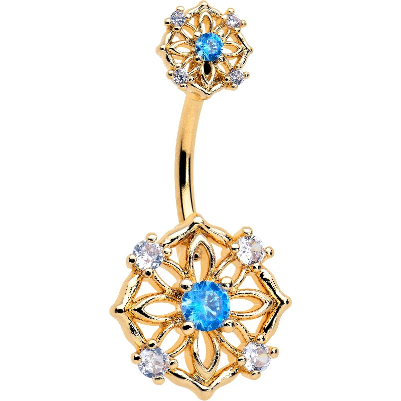 Belly Rings with Glittering Gems for Elegant Style -Blue CZ Gem Gold Tone Flower Ring Double Mount Belly Ring Belly Rings with Glittering Gems for Elegant Style -Blue CZ Gem Gold Tone Flower Ring Double Mount Belly Ring