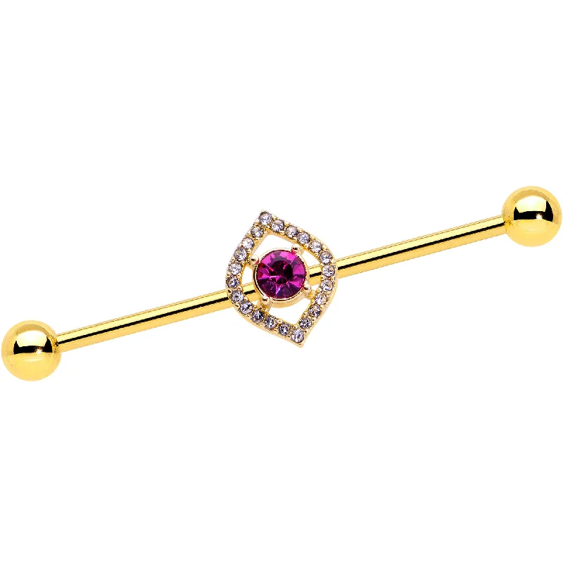 Women's Earrings – Elegant Designs for Every Personality--14 Gauge Clear Pink Gem Gold Tone Open Eye Industrial Barbell 38mm