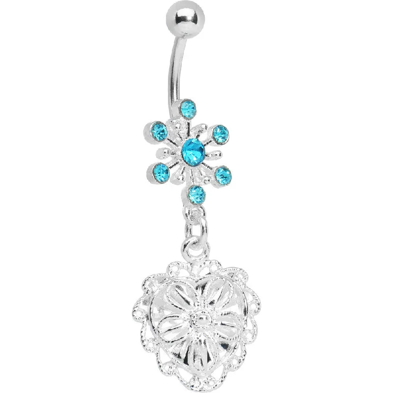 Comfortable Belly Rings for Sensitive Piercings -Aqua Gem Starburst Flowering Heart Belly Ring Comfortable Belly Rings for Sensitive Piercings -Aqua Gem Starburst Flowering Heart Belly Ring