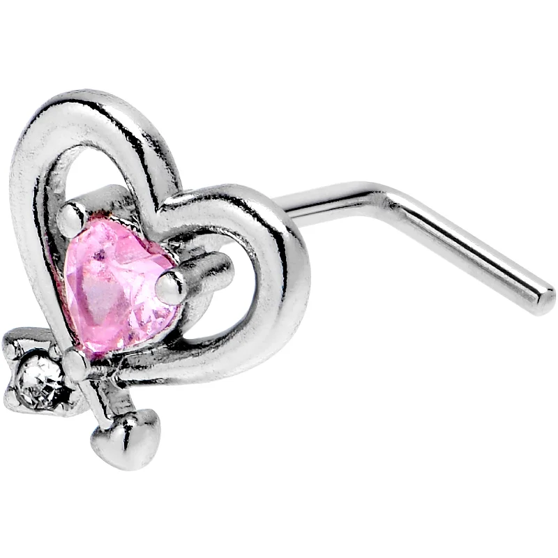 Nose Rings for Women’s Bold Fashion -20 Gauge 7mm Pink CZ Gem Wrapped In Heart L Shape Nose Ring Nose Rings for Women’s Bold Fashion -20 Gauge 7mm Pink CZ Gem Wrapped In Heart L Shape Nose Ring