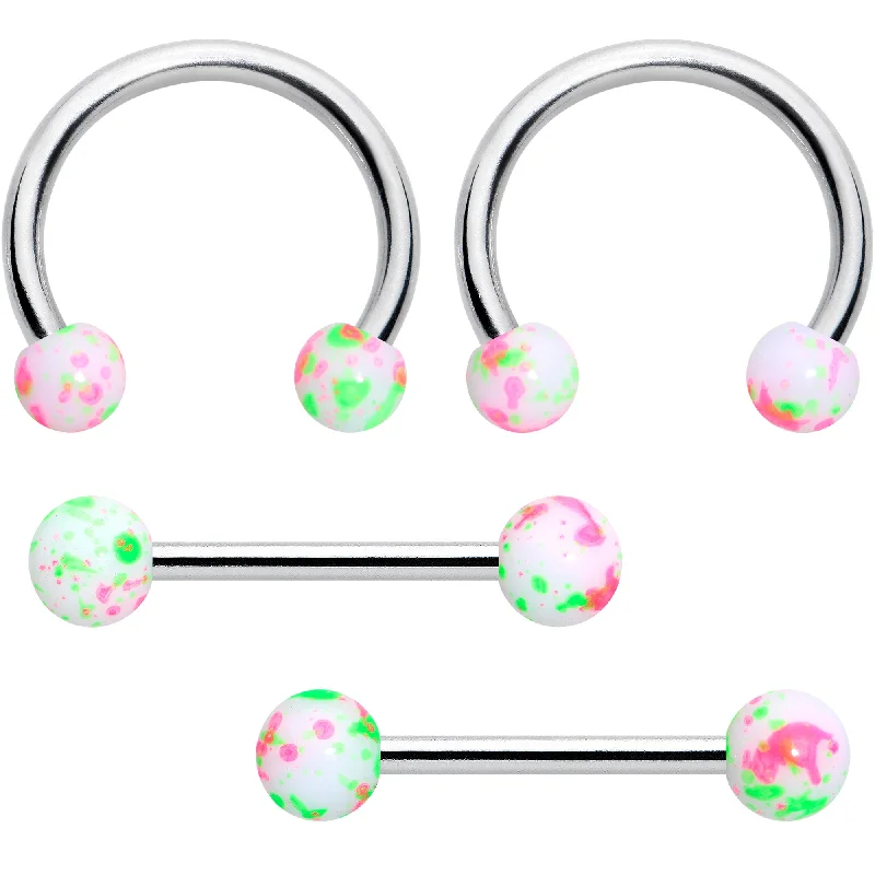 Women's Earrings – Elegant Designs for Every Personality--14 Gauge 9/16 1/2 Splatter Green Pink Barbell Horseshoe Nipple Ring Set of 4 Women's Earrings – Elegant Designs for Every Personality--14 Gauge 9/16 1/2 Splatter Green Pink Barbell Horseshoe Nipple Ring Set of 4
