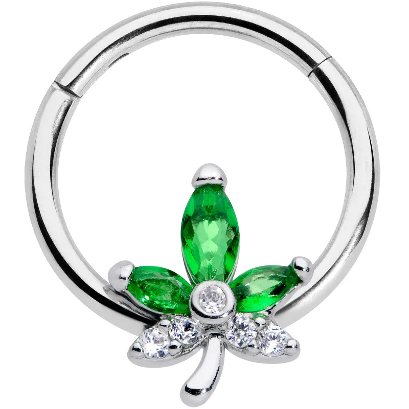 Customizable Nose Rings -16 Gauge 3/8 Clear Green Gem Pot Leaf Hinged Segment Ring