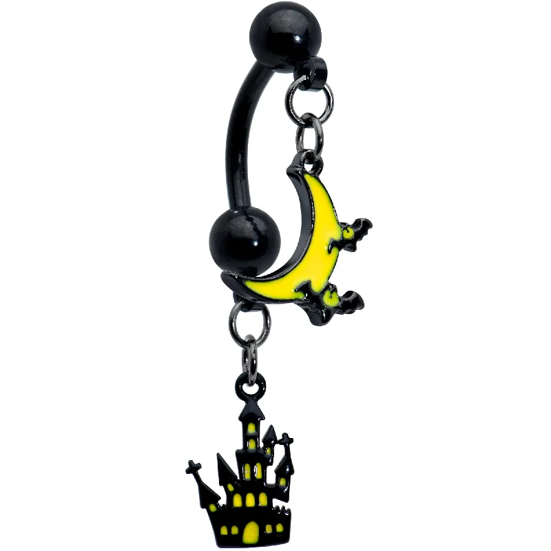 Belly Rings for Bold Fashion Statements -Black Batty Moon Haunted House Halloween Double Mount Belly Ring Belly Rings for Bold Fashion Statements -Black Batty Moon Haunted House Halloween Double Mount Belly Ring