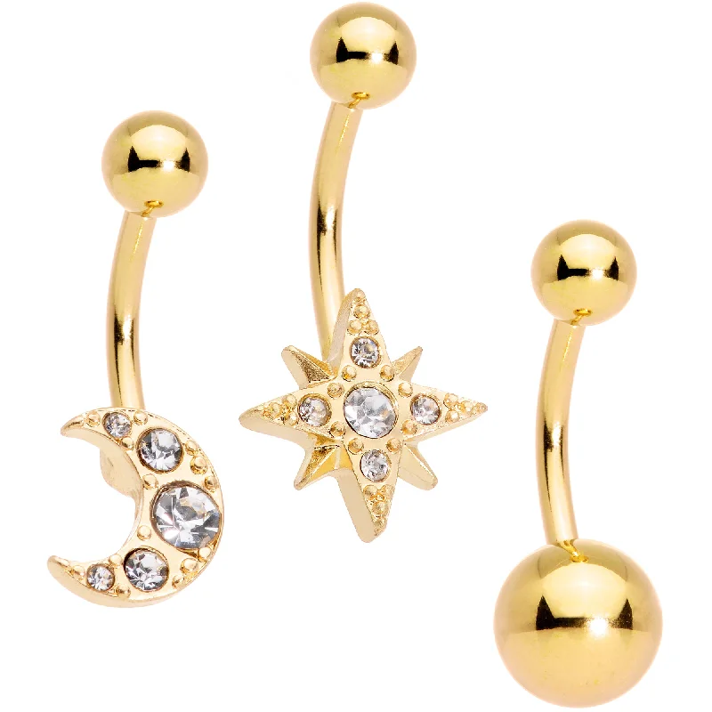 Trendy Belly Rings with Radiant Stones -Clear Gem Gold Tone Celestial Moon Star Belly Ring Set of 3 Trendy Belly Rings with Radiant Stones -Clear Gem Gold Tone Celestial Moon Star Belly Ring Set of 3