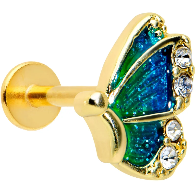 Lip Rings with Unique Accents16 Gauge 5/16 Clear Gem Gold Tone Blues Butterfly Labret Monroe Tragus