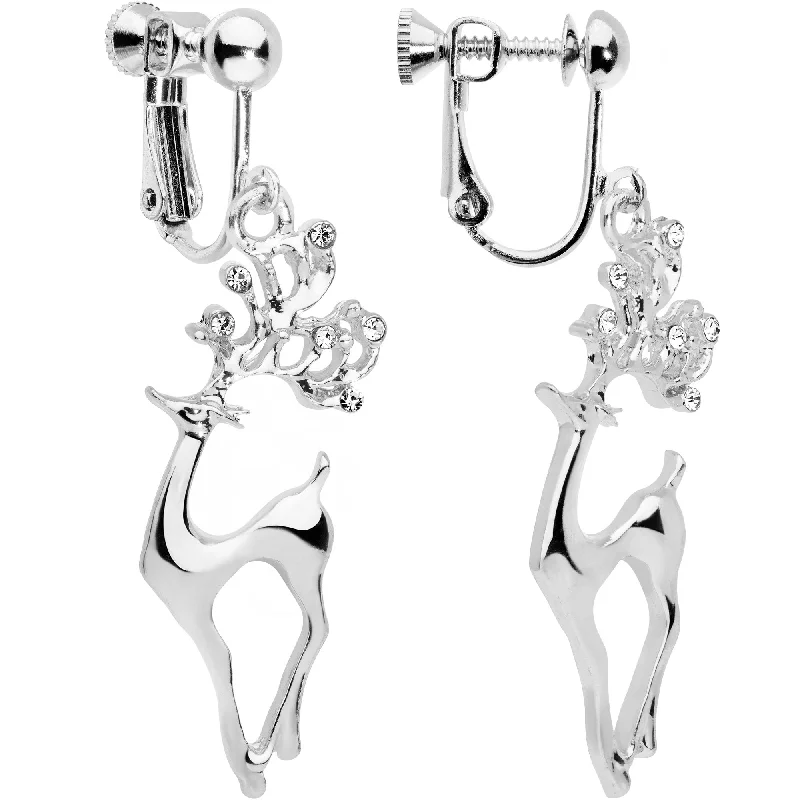 Women's Earrings – Elegant Designs for Every Personality--Clear CZ Gem Silver Plated Prancing Reindeer Clip On Earrings Women's Earrings – Elegant Designs for Every Personality--Clear CZ Gem Silver Plated Prancing Reindeer Clip On Earrings