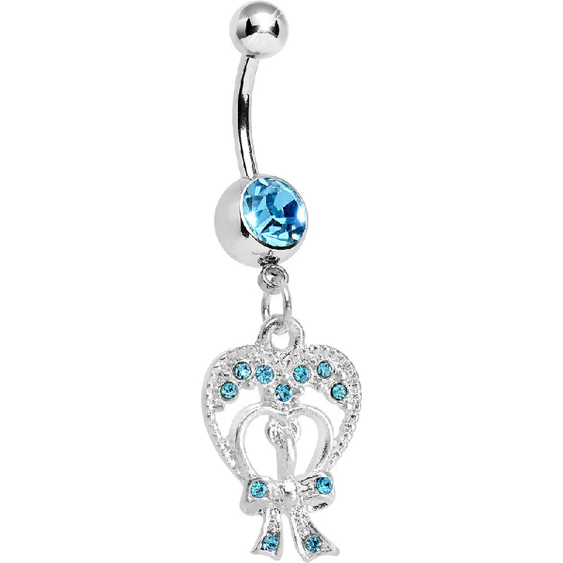 Designer Belly Rings for Bold Looks -Aqua Gem Love Tied in a Bow Heart Dangle Belly Ring Designer Belly Rings for Bold Looks -Aqua Gem Love Tied in a Bow Heart Dangle Belly Ring