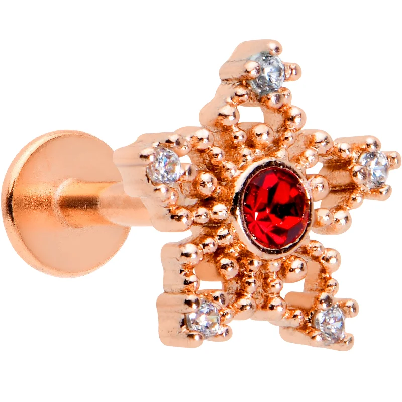 Women's Earrings – Elegant Designs for Every Personality--16 Gauge 1/4 Red Gem Rose Gold Tone Texture Snowflake Labret Tragus