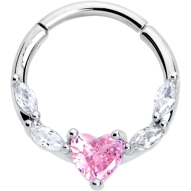 Designer Nose Rings for Exclusive Styles -16 Gauge 3/8 Pink Clear CZ Gem Simply Heart Hinged Segment Ring Designer Nose Rings for Exclusive Styles -16 Gauge 3/8 Pink Clear CZ Gem Simply Heart Hinged Segment Ring