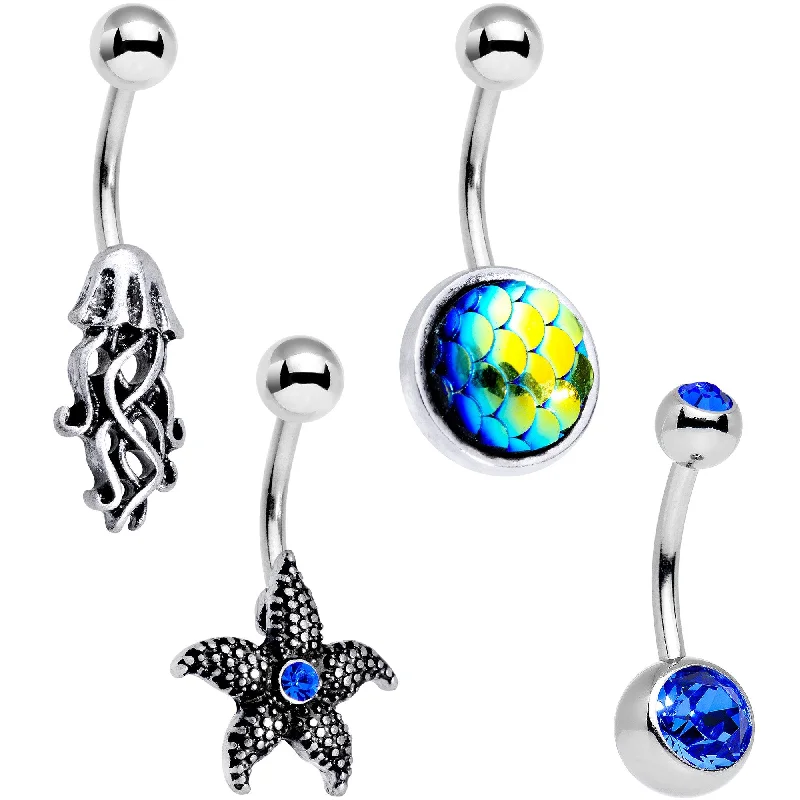 Stylish Belly Rings with Elegant Detailing -Blue Gem Sea Treasures Belly Ring Set of 4 Stylish Belly Rings with Elegant Detailing -Blue Gem Sea Treasures Belly Ring Set of 4