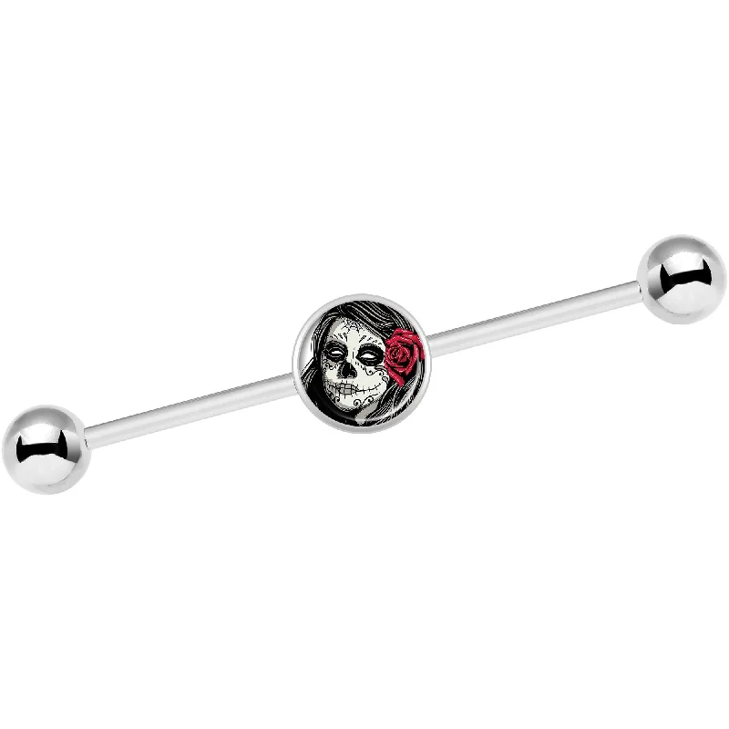 Women's Earrings – Elegant Designs for Every Personality--14 Gauge Katrina Sugar Skull with Rose Flower Industrial Barbell 37mm Women's Earrings – Elegant Designs for Every Personality--14 Gauge Katrina Sugar Skull with Rose Flower Industrial Barbell 37mm