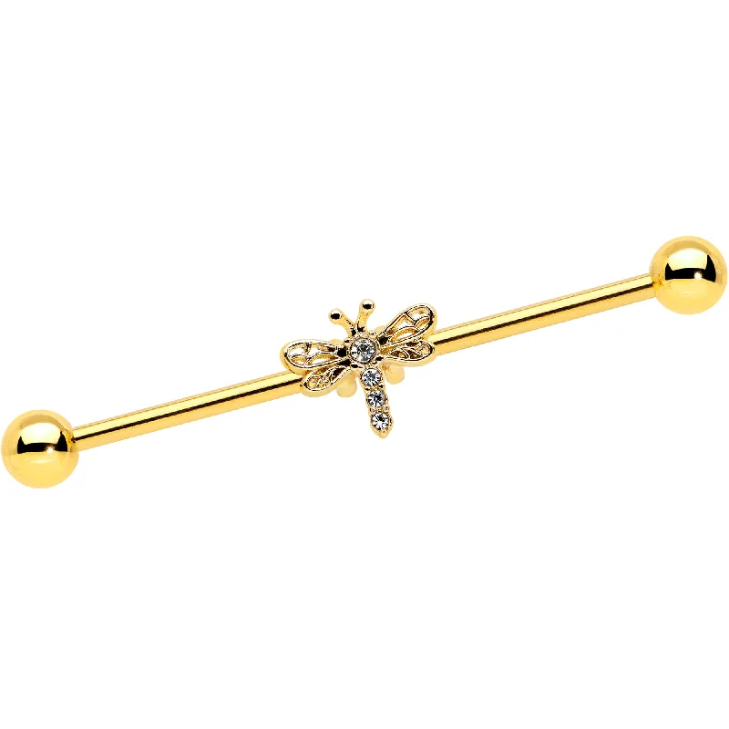 Women's Earrings – Elegant Designs for Every Personality--14 Gauge Clear Gem Gold Tone Flying Dragonfly Industrial Barbell 38mm