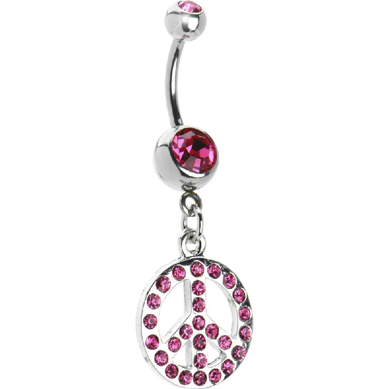 Belly Rings with Shiny Stones for Extra Glam -Pink Cubic Zirconia Peace Sign Dangle Belly Ring Belly Rings with Shiny Stones for Extra Glam -Pink Cubic Zirconia Peace Sign Dangle Belly Ring