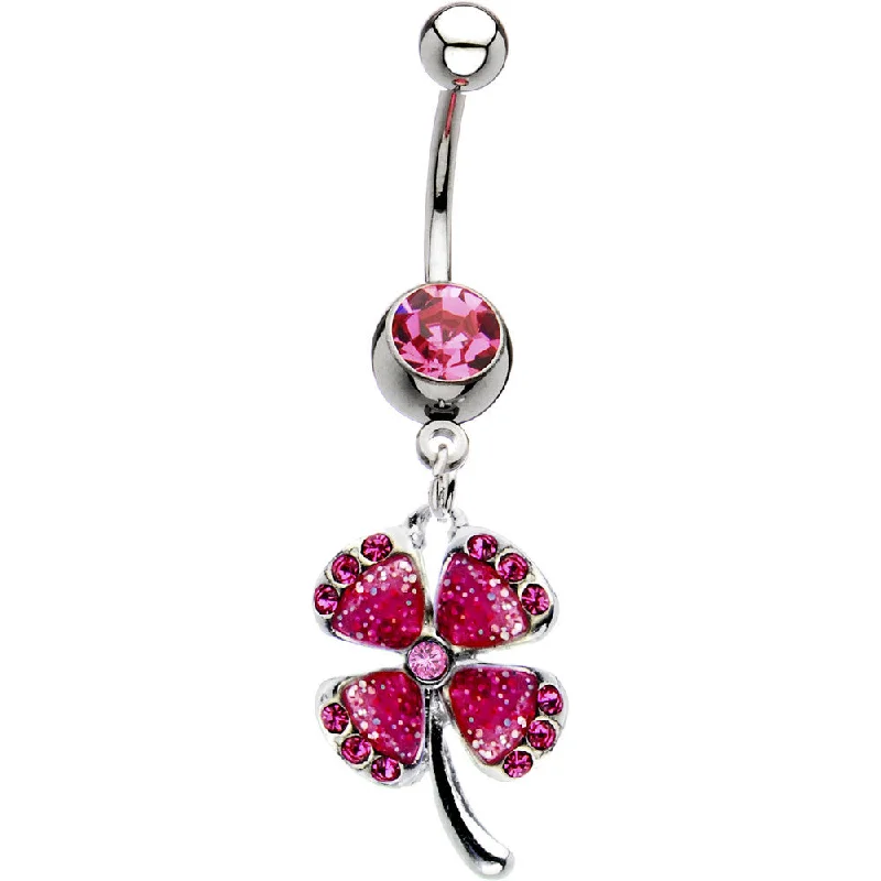 Stunning Belly Rings for Bold Fashion -Pink Gem Glitzy Four Leaf Clover Belly Ring