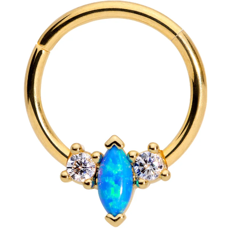 Elegant Nose Rings -16 Gauge 3/8 Blue Synthetic Opal Glamour Gold Tone Hinged Segment Ring Elegant Nose Rings -16 Gauge 3/8 Blue Synthetic Opal Glamour Gold Tone Hinged Segment Ring