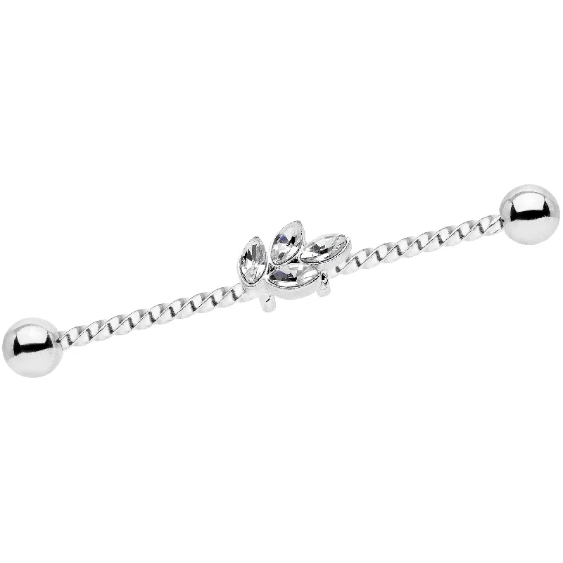 Women's Earrings – Elegant Designs for Every Personality--14 Gauge Clear Gem Leaf Industrial Barbell 38mm