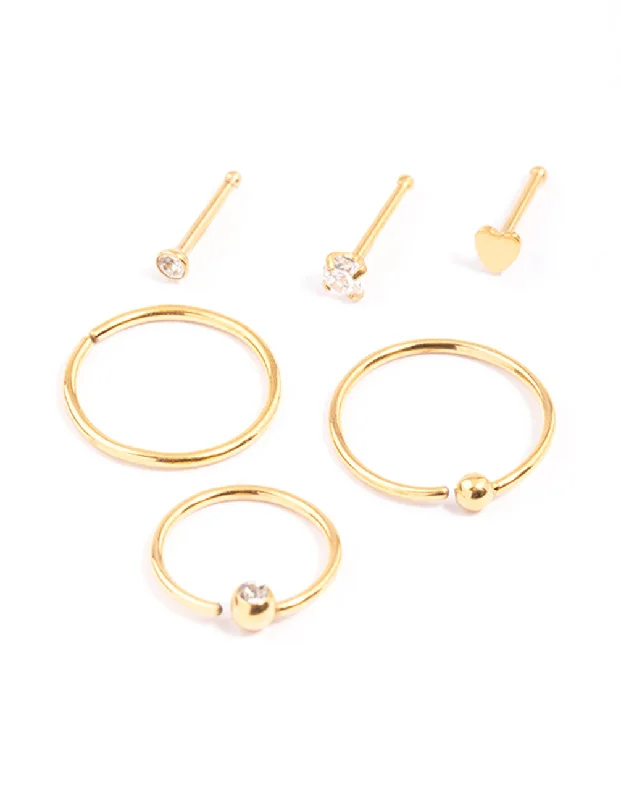 Nose Rings for Casual Cool Looks -Gold Plated Surgical Steel Bone & Ball Nose Ring 6-Pack Nose Rings for Casual Cool Looks -Gold Plated Surgical Steel Bone & Ball Nose Ring 6-Pack