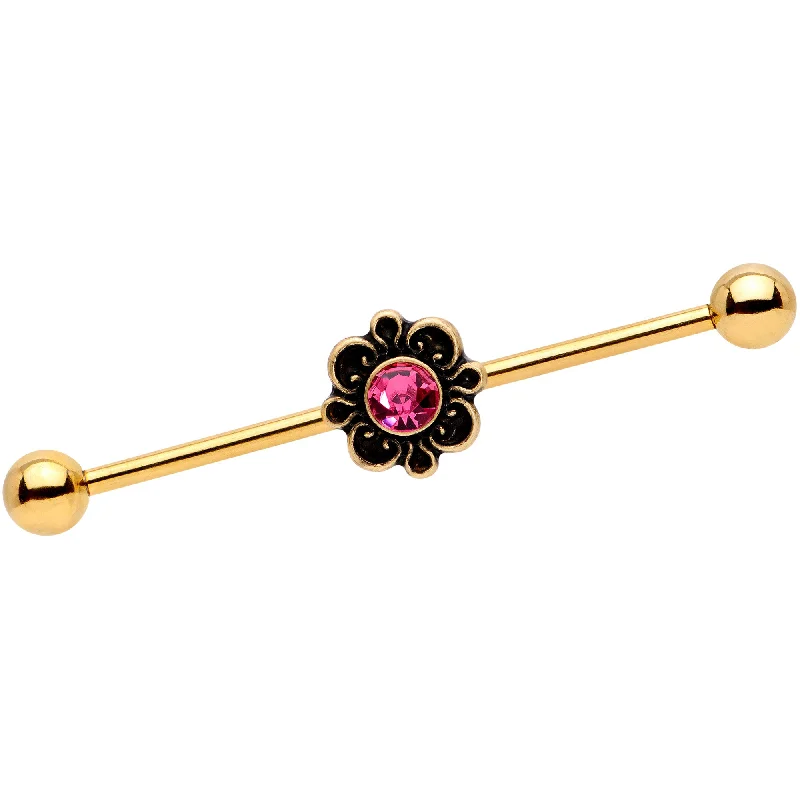 Women's Earrings – Elegant Designs for Every Personality--14 Gauge Pink Gem Gold Tone Flower Industrial Barbell 38mm