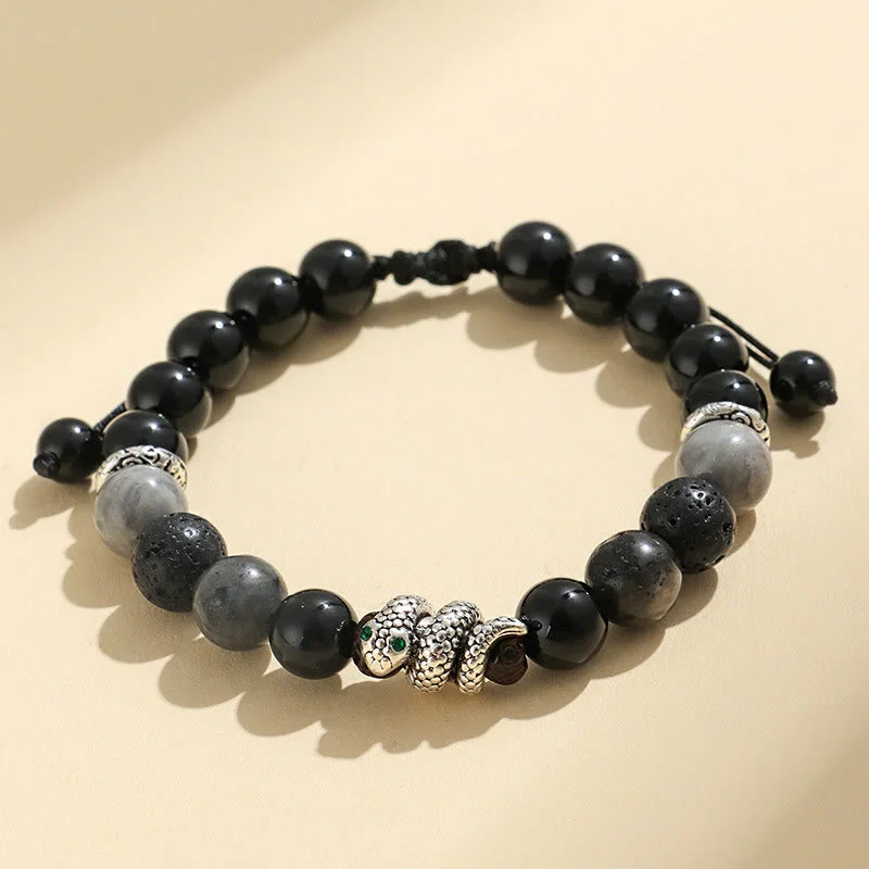 Custom Metal Bracelets for Men-Buddha Stones Black Onyx Black Glitter Stone White Agate White Turquoise Year Of The Snake Protection Bracelet Custom Metal Bracelets for Men-Buddha Stones Black Onyx Black Glitter Stone White Agate White Turquoise Year Of The Snake Protection Bracelet