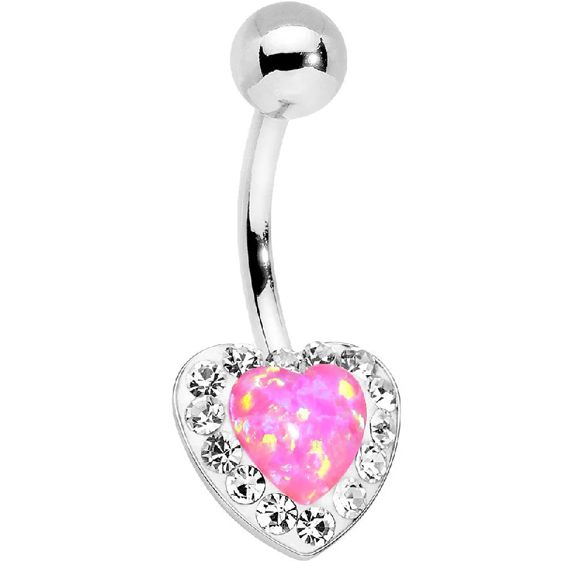 Classic Belly Rings with Sleek Design -Pink Synthetic Opal Clear Accent Heart Bottom Mount Belly Ring Classic Belly Rings with Sleek Design -Pink Synthetic Opal Clear Accent Heart Bottom Mount Belly Ring