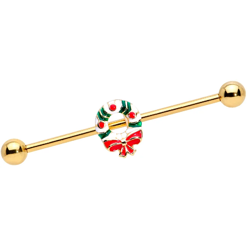 Women's Earrings – Elegant Designs for Every Personality--14 Gauge Gold Tone PVD Christmas Wreath Industrial Barbell 38mm