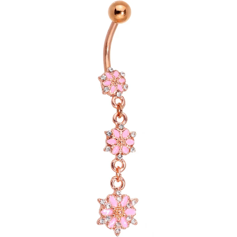 Comfortable Belly Rings for Exclusive Fashion -Clear Gem Rose Gold Tone Glitter Inlay Pink Garden Dangle Belly Ring Comfortable Belly Rings for Exclusive Fashion -Clear Gem Rose Gold Tone Glitter Inlay Pink Garden Dangle Belly Ring