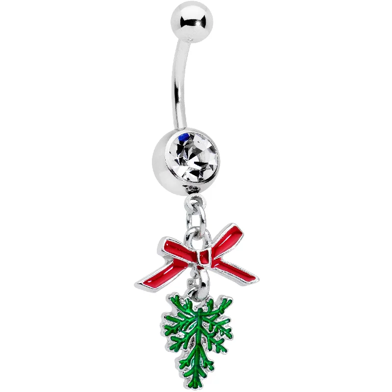Comfortable Belly Rings with Chic Design -Clear Gem Pine Bough Red Bow Christmas Dangle Belly Ring Comfortable Belly Rings with Chic Design -Clear Gem Pine Bough Red Bow Christmas Dangle Belly Ring