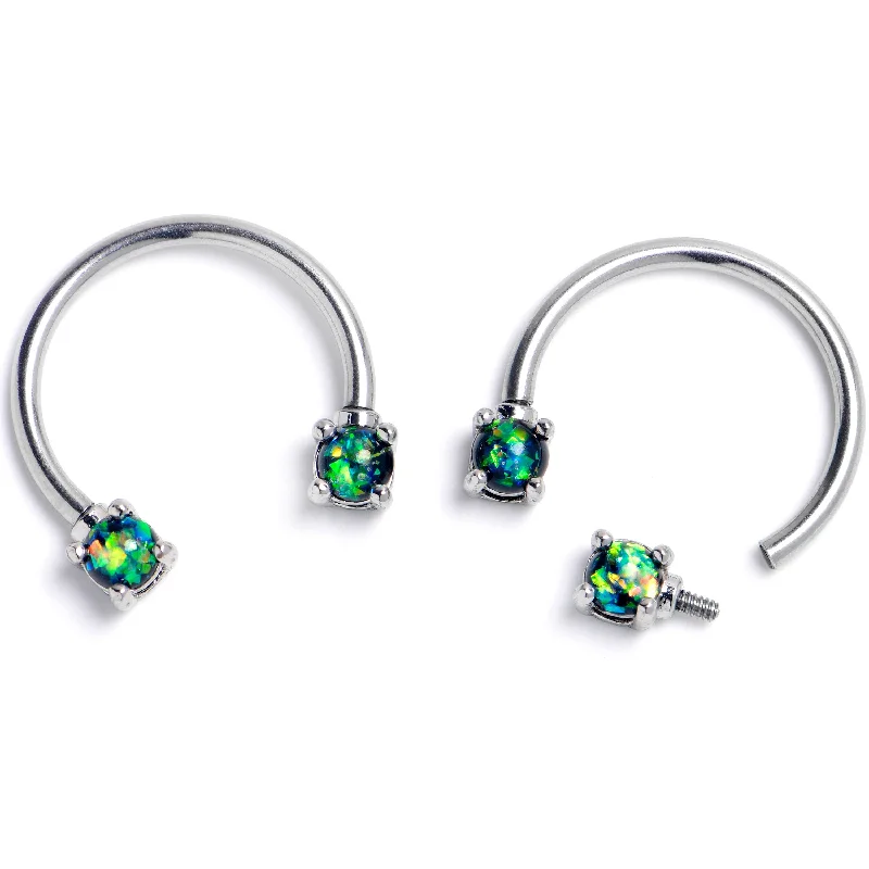 Women's Earrings – Elegant Designs for Every Personality--16 Gauge 3/8 Green Faux Opal Internally Threaded Horseshoe Nipple Ring Set