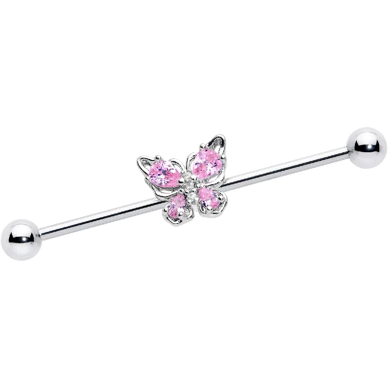 Women's Earrings – Elegant Designs for Every Personality--14 Gauge Pink Gem Baroque Beauty Butterfly Industrial Barbell 38mm