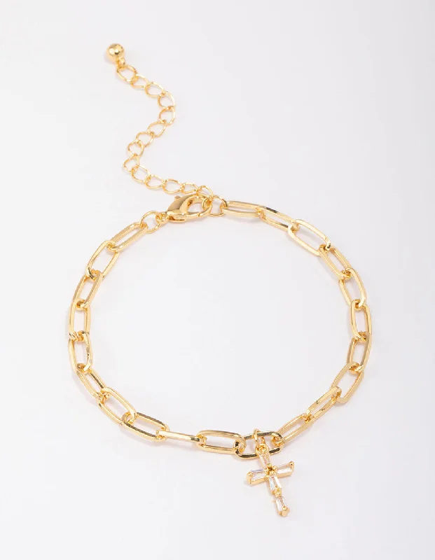 Women's Bangles with Simple Stone Accents-Gold Plated Cross Charm Chain Bracelet