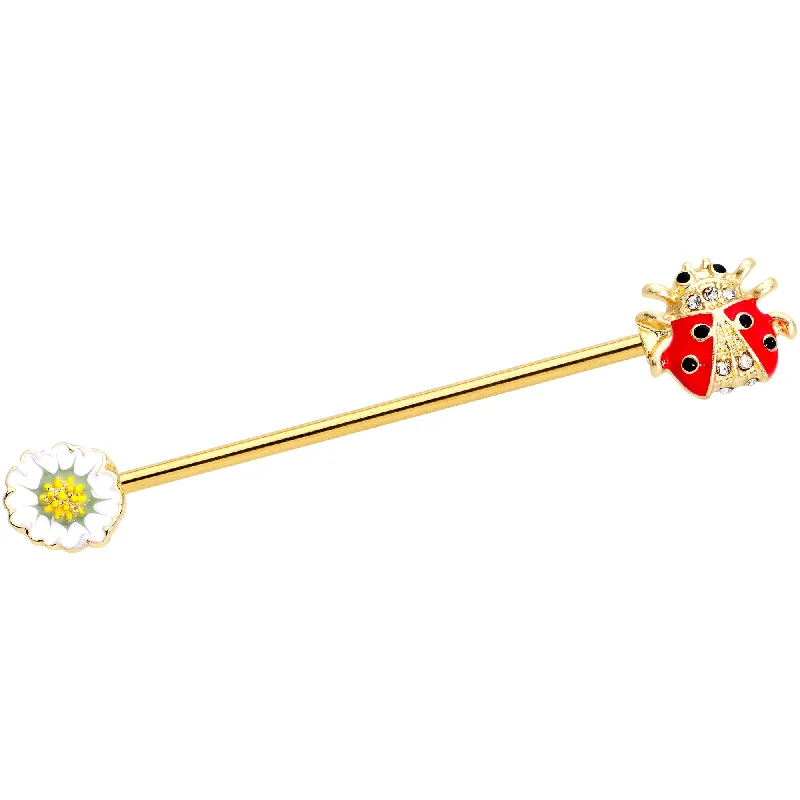 Women's Earrings – Elegant Designs for Every Personality--14 Gauge Clear Gem Gold Tone Ladybug Flower Industrial Barbell 38mm