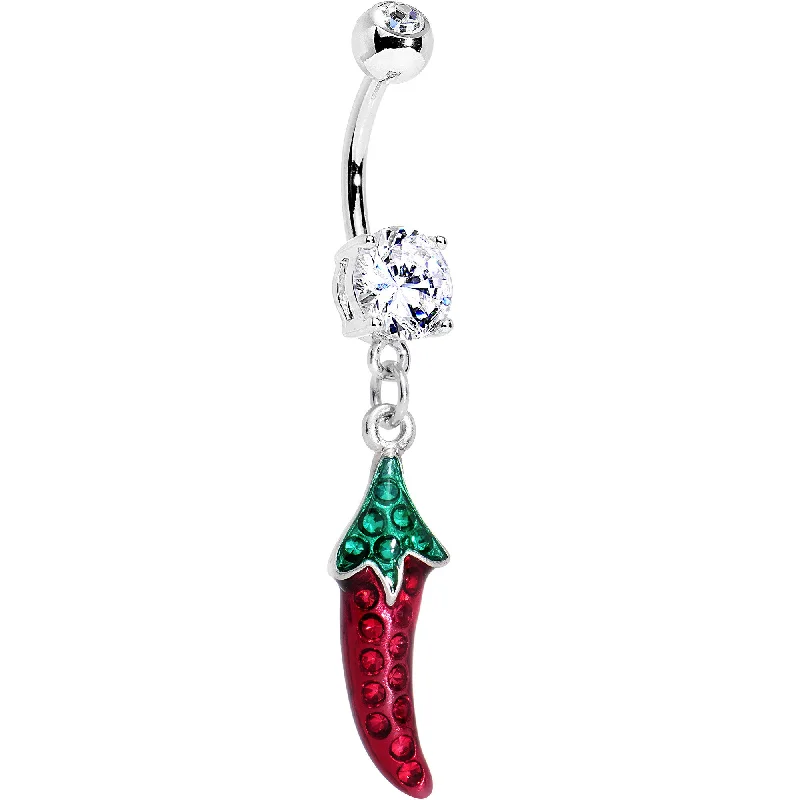 Beautiful Belly Rings for Fashion-Forward Style -Clear Green Red Gem Caliente Hot Pepper Dangle Belly Ring Beautiful Belly Rings for Fashion-Forward Style -Clear Green Red Gem Caliente Hot Pepper Dangle Belly Ring