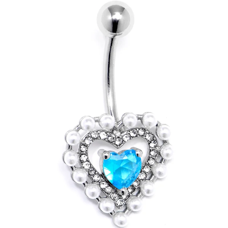 Stunning Belly Rings with Timeless Shine -Blue CZ Gem Pearly Heart Belly Ring