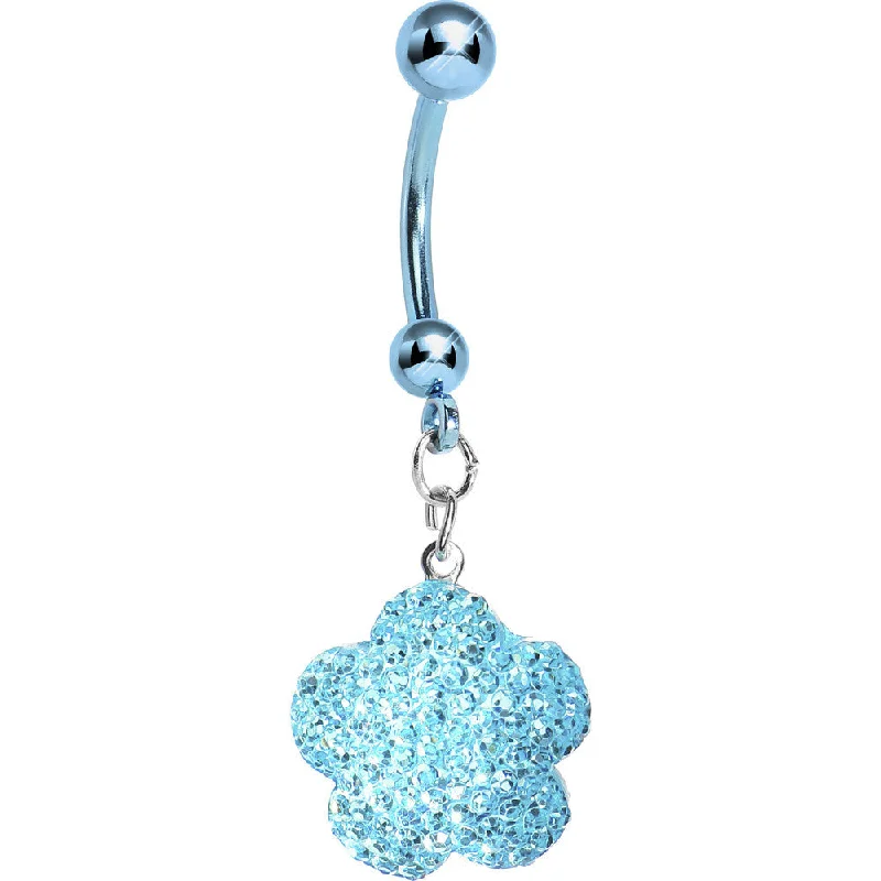 Designer Belly Rings with Sparkling Stones -Aqua Sparkler Flower Dangle Belly Ring