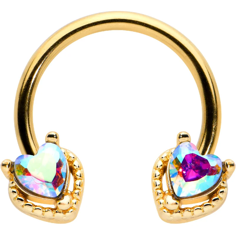 Women's Earrings – Elegant Designs for Every Personality--16 Gauge 3/8 Aurora Gem Gold Tone Duo Heart Horseshoe Circular Barbell