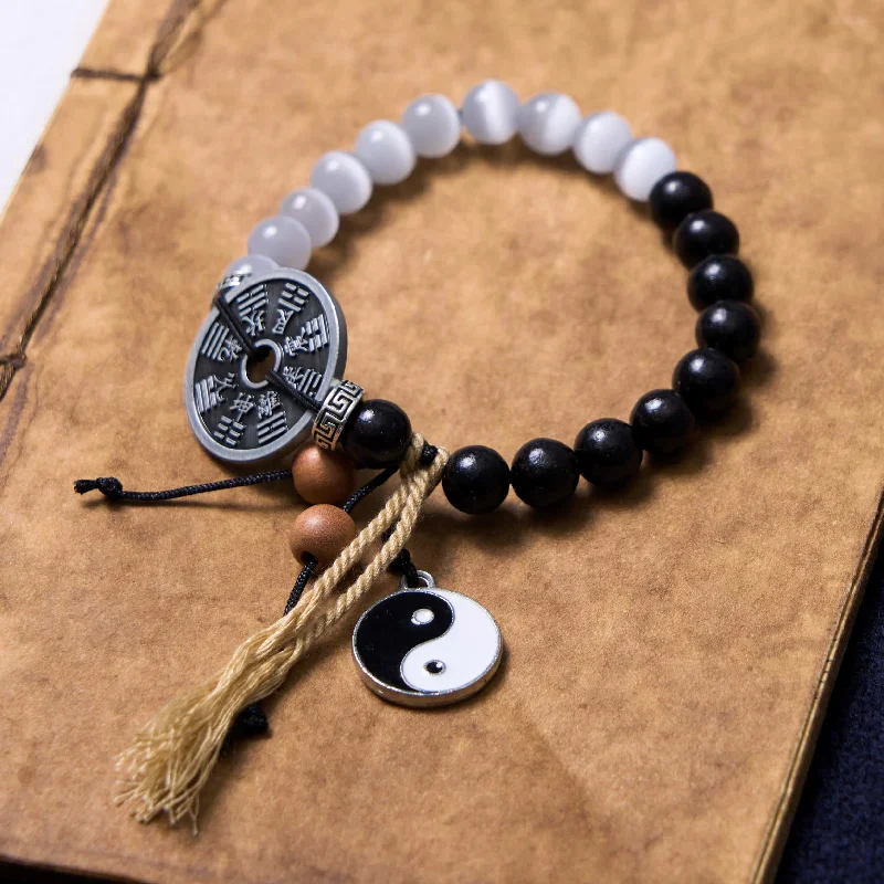 Men's Beaded Bracelets with Cool Charms-Buddha Stones Cat's Eye Ebony Wood Yin Yang Bagua Coin Support Rope Bracelet