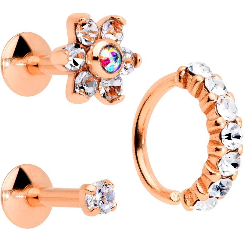Elegant Lip Rings for Fashion Statements16 Gauge Clear CZ Gem Rose Gold Tone Cartilage Labret Closure Ring Set of 3