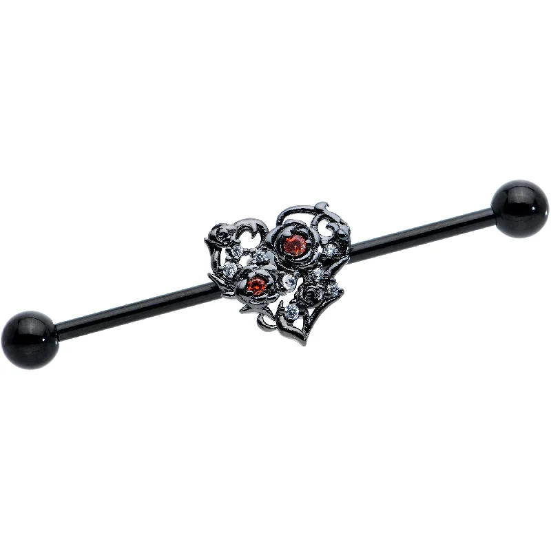 Women's Earrings – Elegant Designs for Every Personality--14 Gauge Clear Red CZ Gem Black Heart Floral Industrial Barbell 38mm