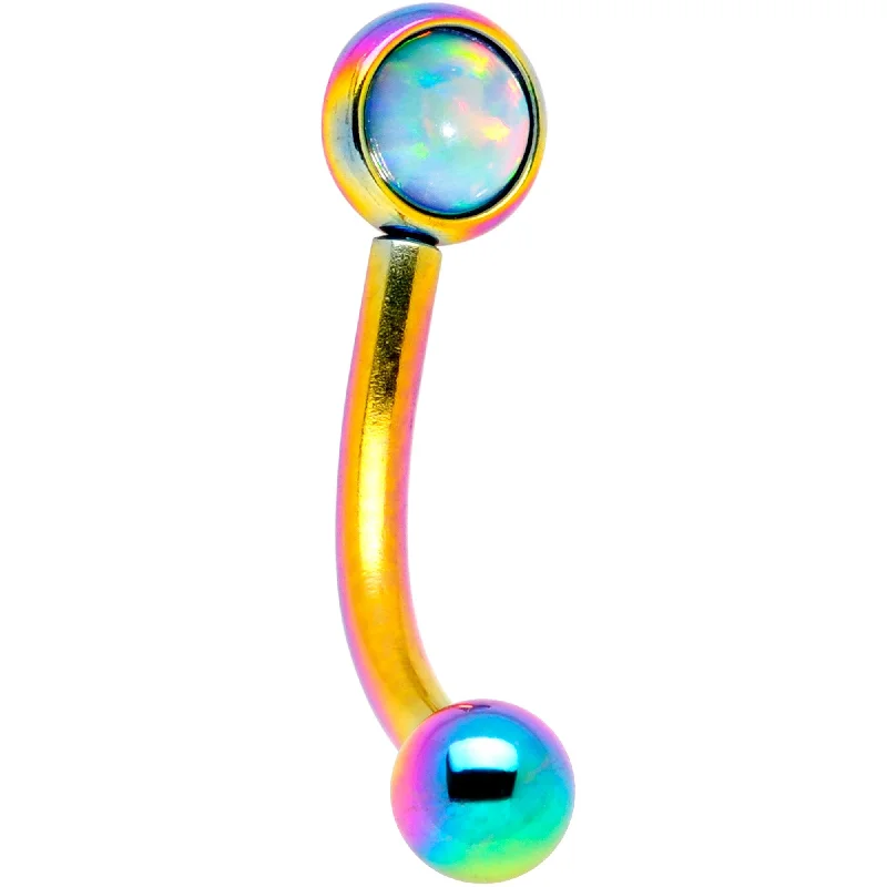 Women's Earrings – Elegant Designs for Every Personality--16 Gauge 5/16 White Synthetic Opal Flat Set Rainbow IP Curved Eyebrow Rook Piercing
