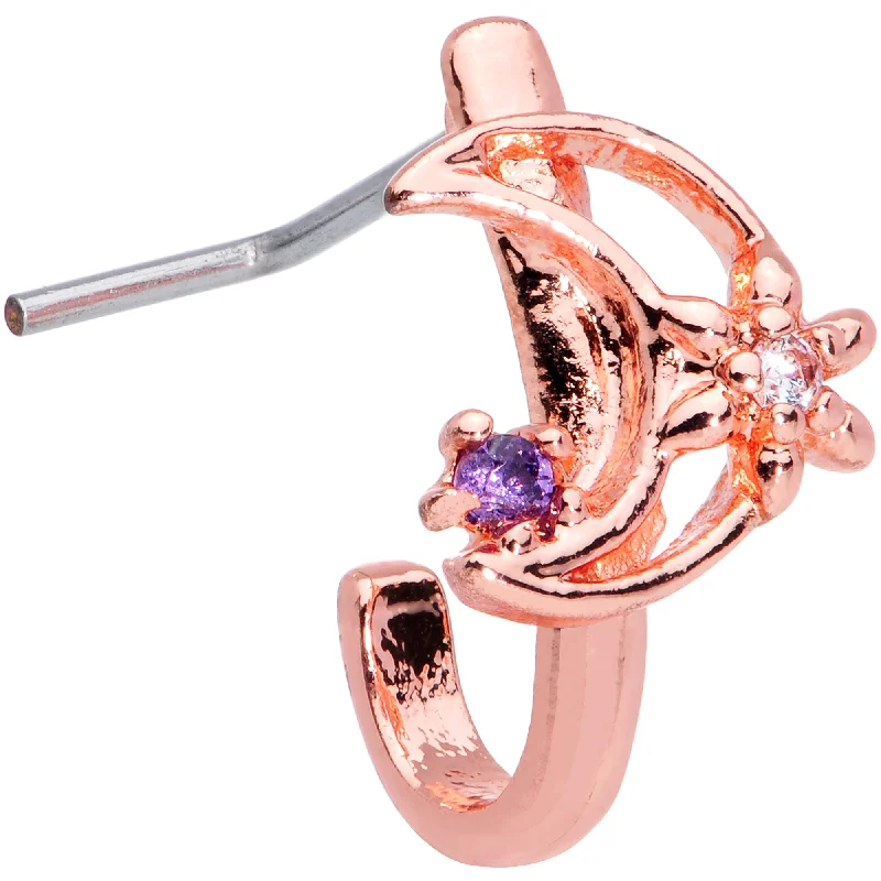 Elegant Nose Rings with Luxurious Look -22 Gauge 5/16 Blue CZ Rose Gold Tone Moon Faux Hoop L Shaped Nose Ring Elegant Nose Rings with Luxurious Look -22 Gauge 5/16 Blue CZ Rose Gold Tone Moon Faux Hoop L Shaped Nose Ring