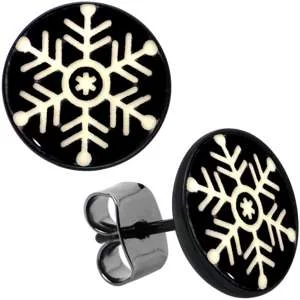 Women's Earrings – Elegant Designs for Every Personality--Black Anodized Glow in the Dark Holiday Snowflake Stud Earrings